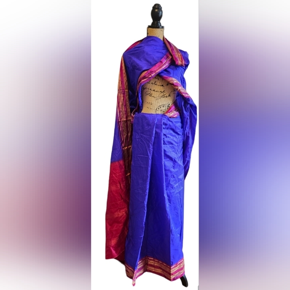 SILKY Indigo Blue and Wedding Red Saree - Picture 2 of 11